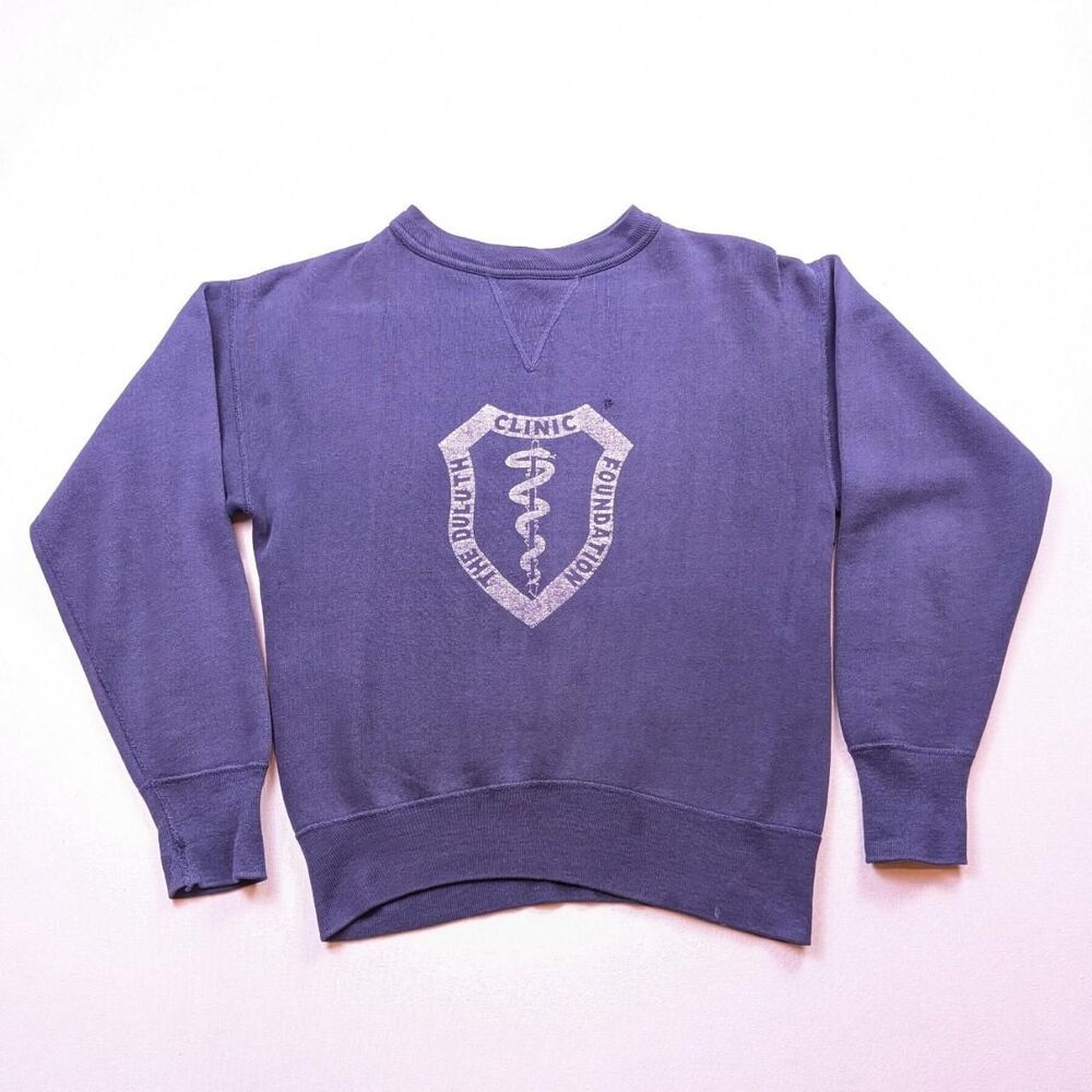 Vintage 40s 50s Single V Sweatshirt Duluth Clinic Foundation Size M Navy Blue